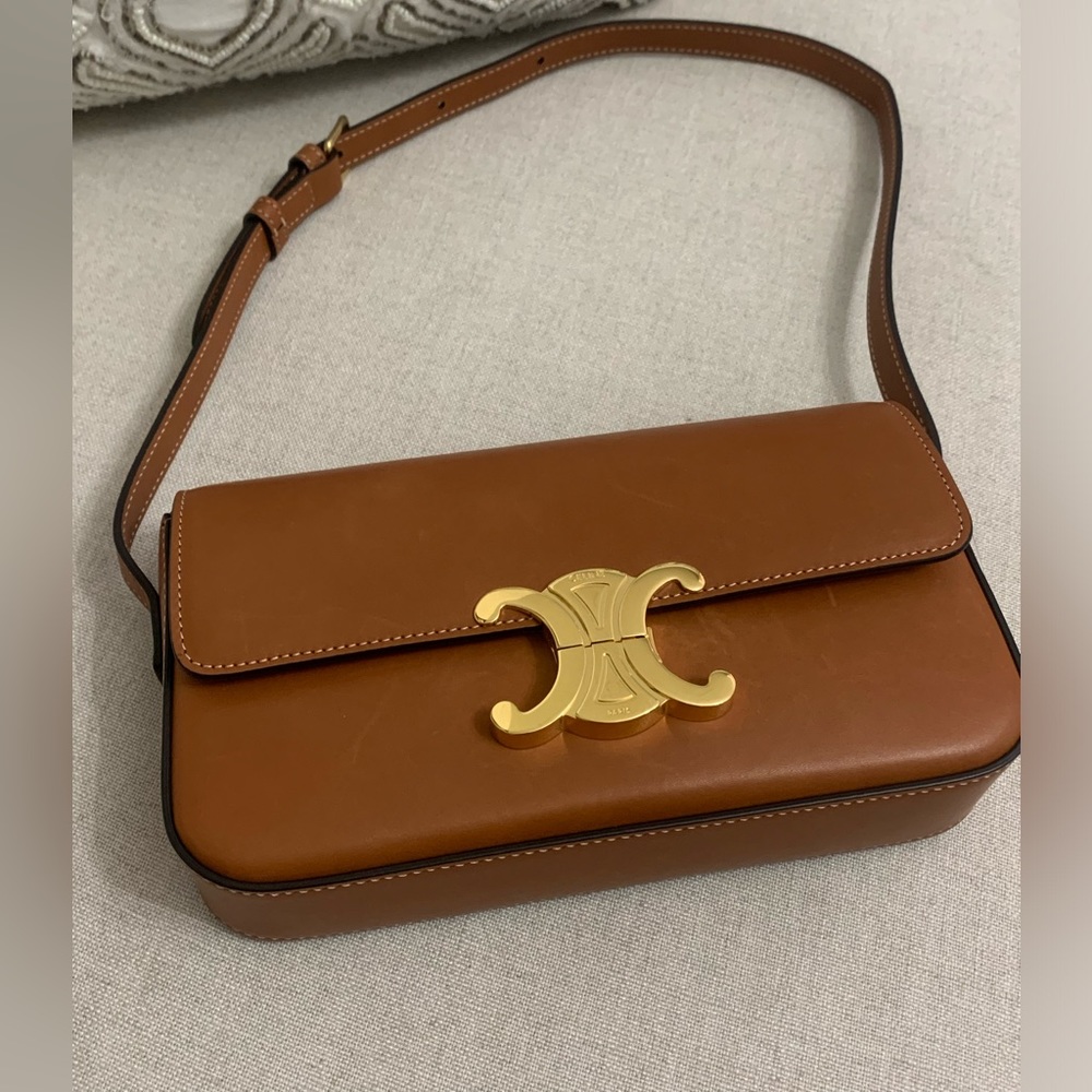 CELINE Triomphe Tan Brown Natural Calfskin Shoulder Bag